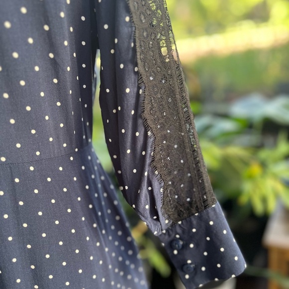 Zara Basic Polka Dot with Lace Midi Dress Navy Blue Tie Belt Medium EUC - Picture 5 of 9